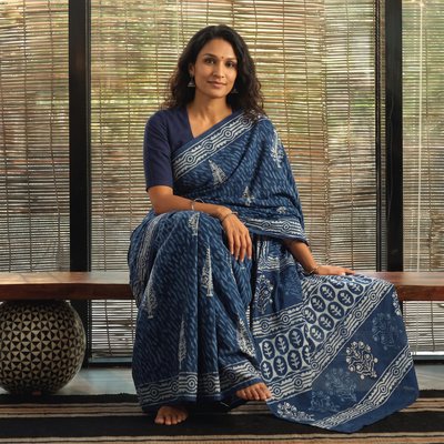 Blue Pure Mul Cotton Natural Dyed Hand Block Indigo Bagru Print Saree, draped and worn by a woman, AI visual of the saree, iTokri
