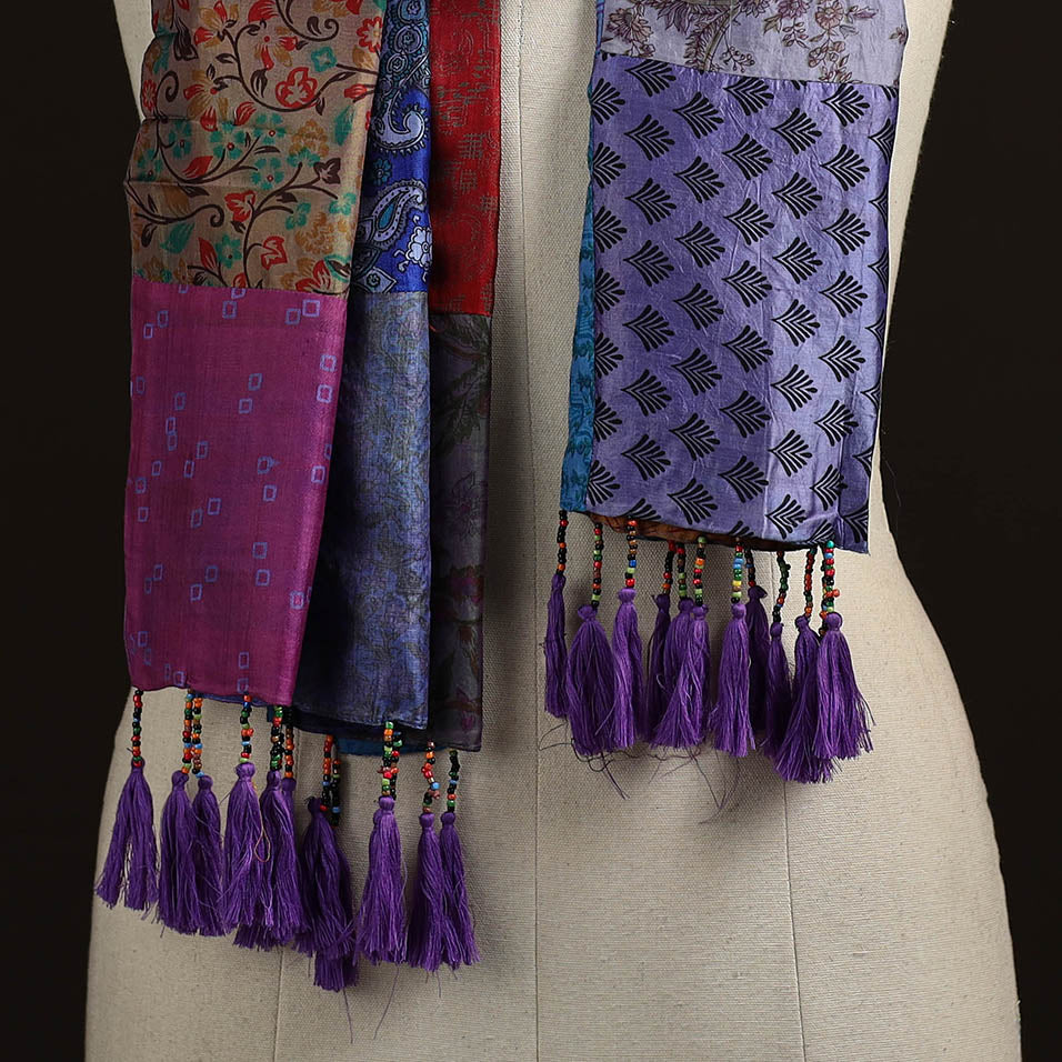 Pure silk patchwork stole with tassels 01 - handcrafted