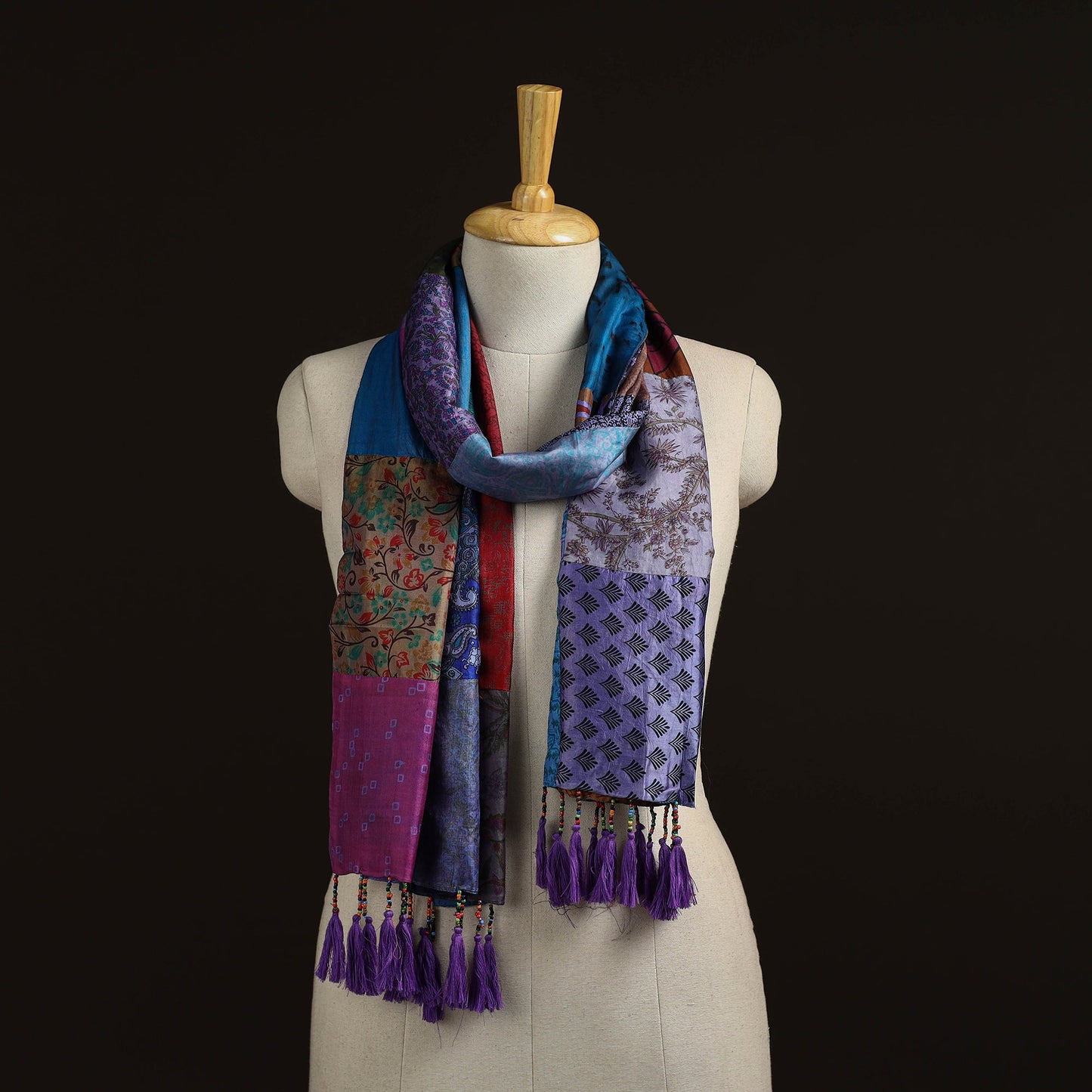Pure silk patchwork stole with tassels 01 - handcrafted