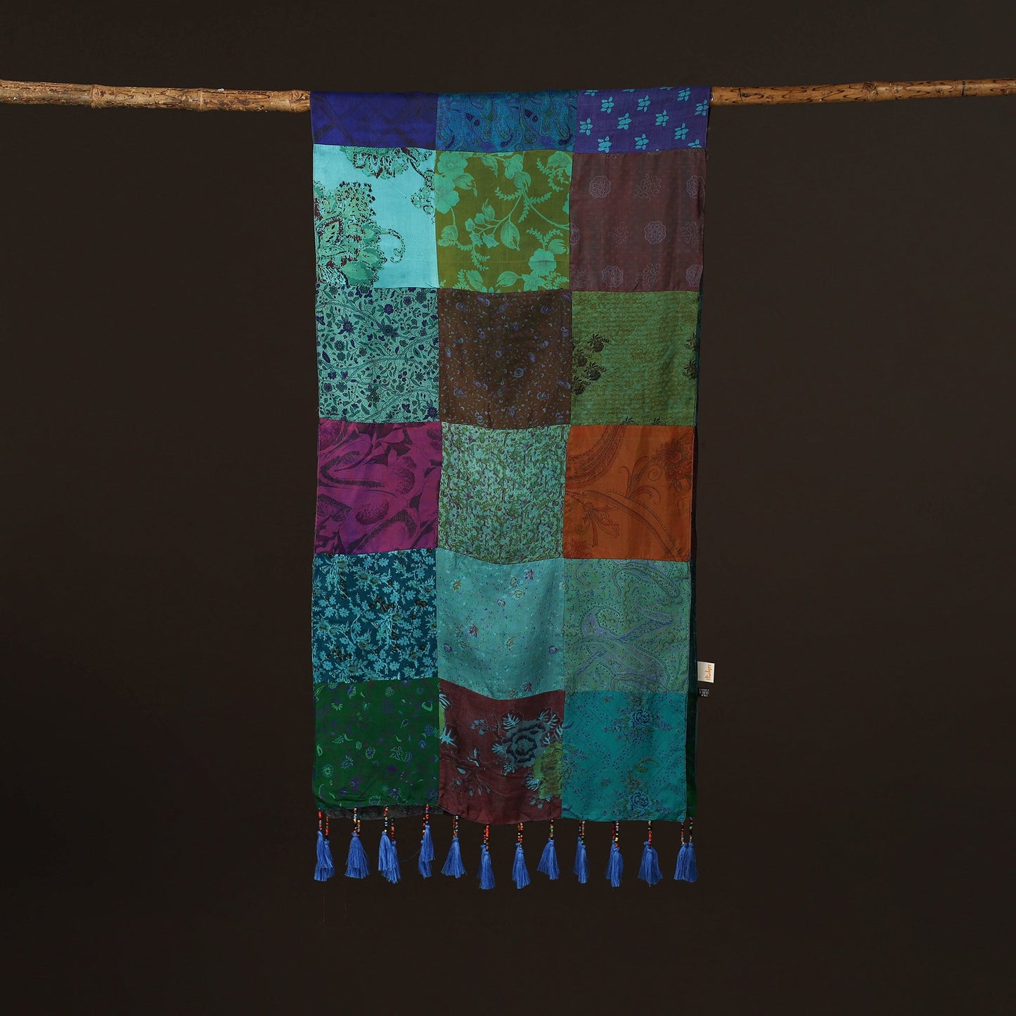 Pure silk patchwork stole with tassels 02 - handcrafted