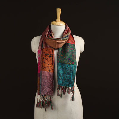 Pure silk patchwork stole with tassels 04 - handcrafted