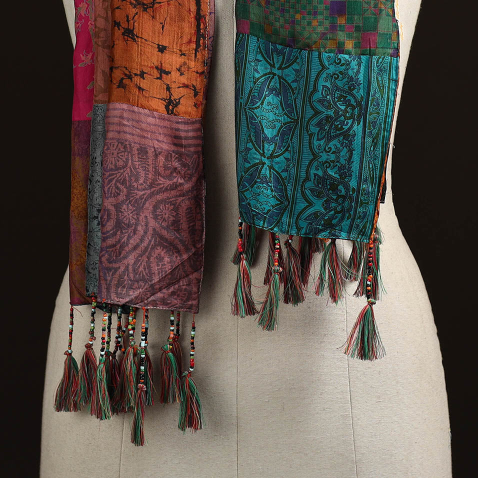 Pure silk patchwork stole with tassels 04 - handcrafted
