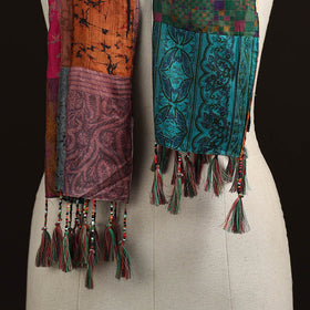Pure silk patchwork stole with tassels 04 - handcrafted
