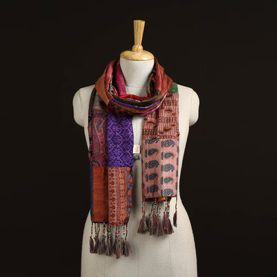 Pure silk patchwork stole with tassels 05 - handcrafted