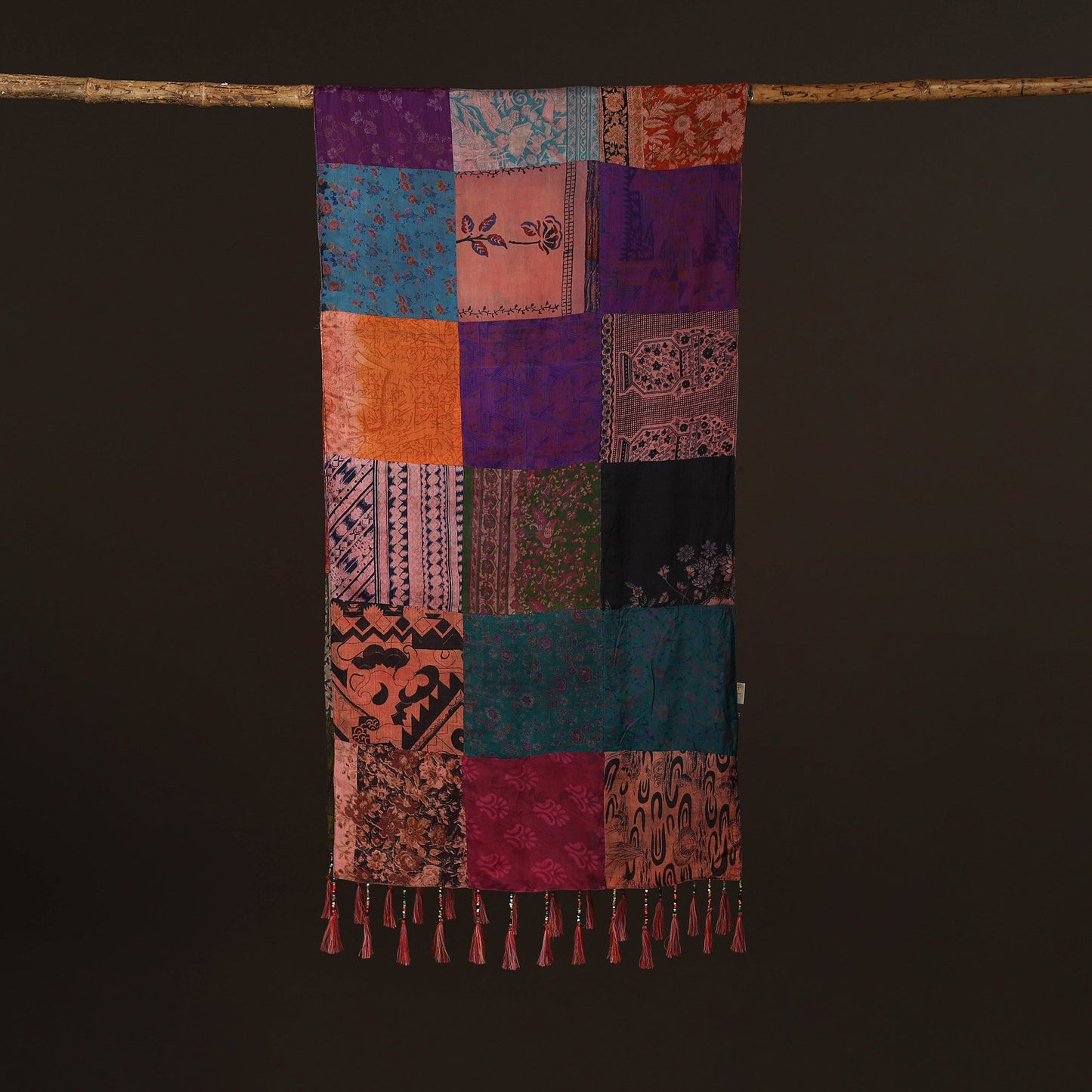 Pure silk patchwork stole with tassels 07 - handcrafted