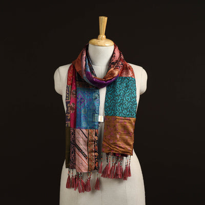 Pure silk patchwork stole with tassels 07 - handcrafted