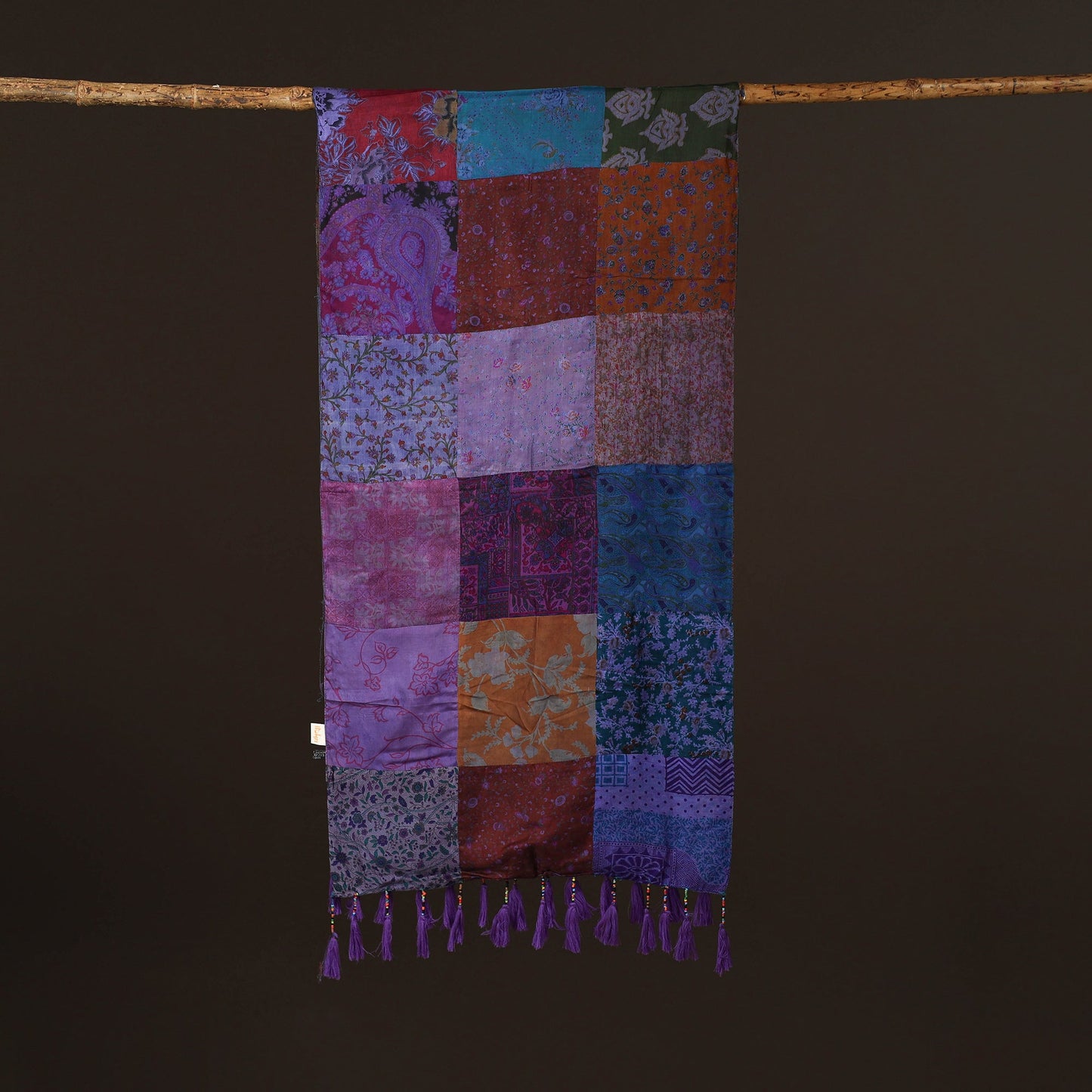 Pure silk patchwork stole with tassels 08 - handcrafted