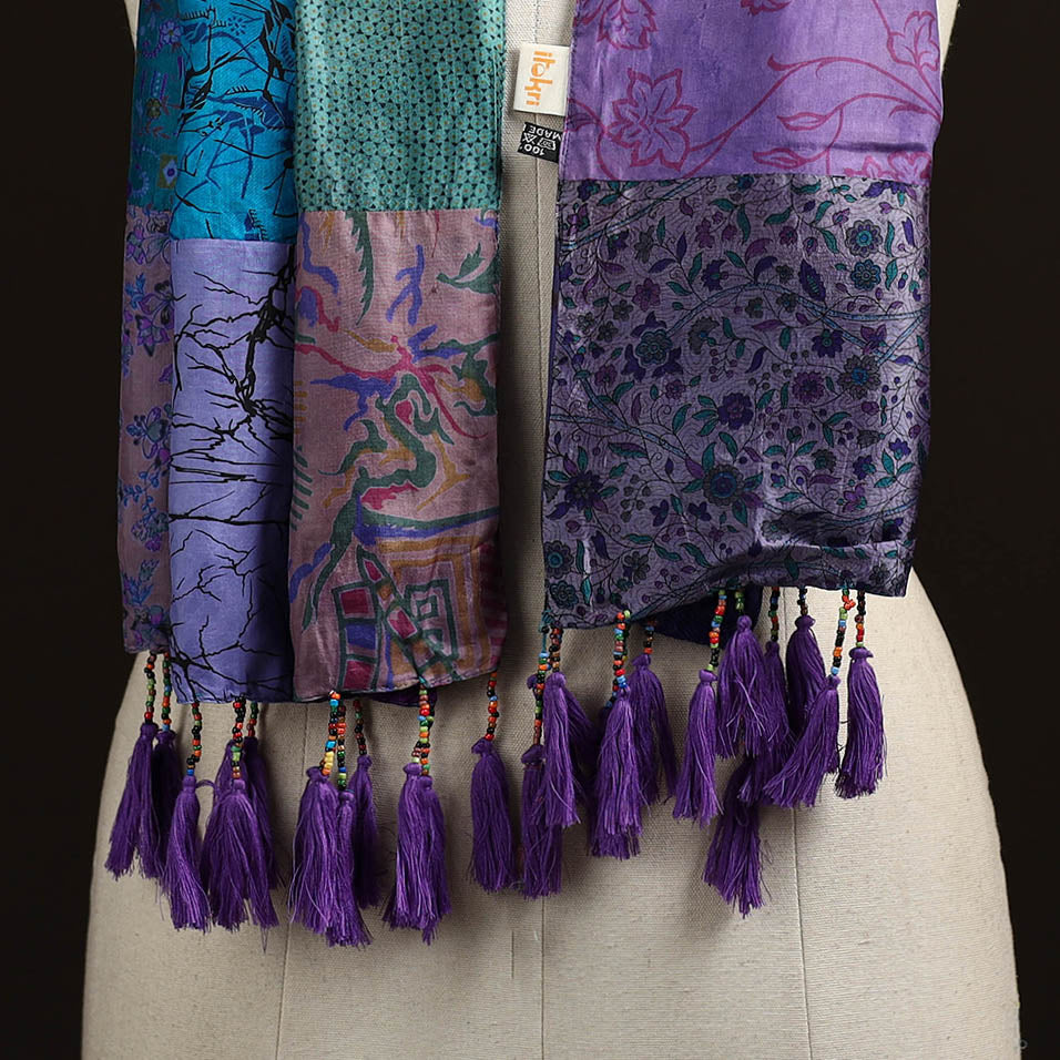 Pure silk patchwork stole with tassels 08 - handcrafted