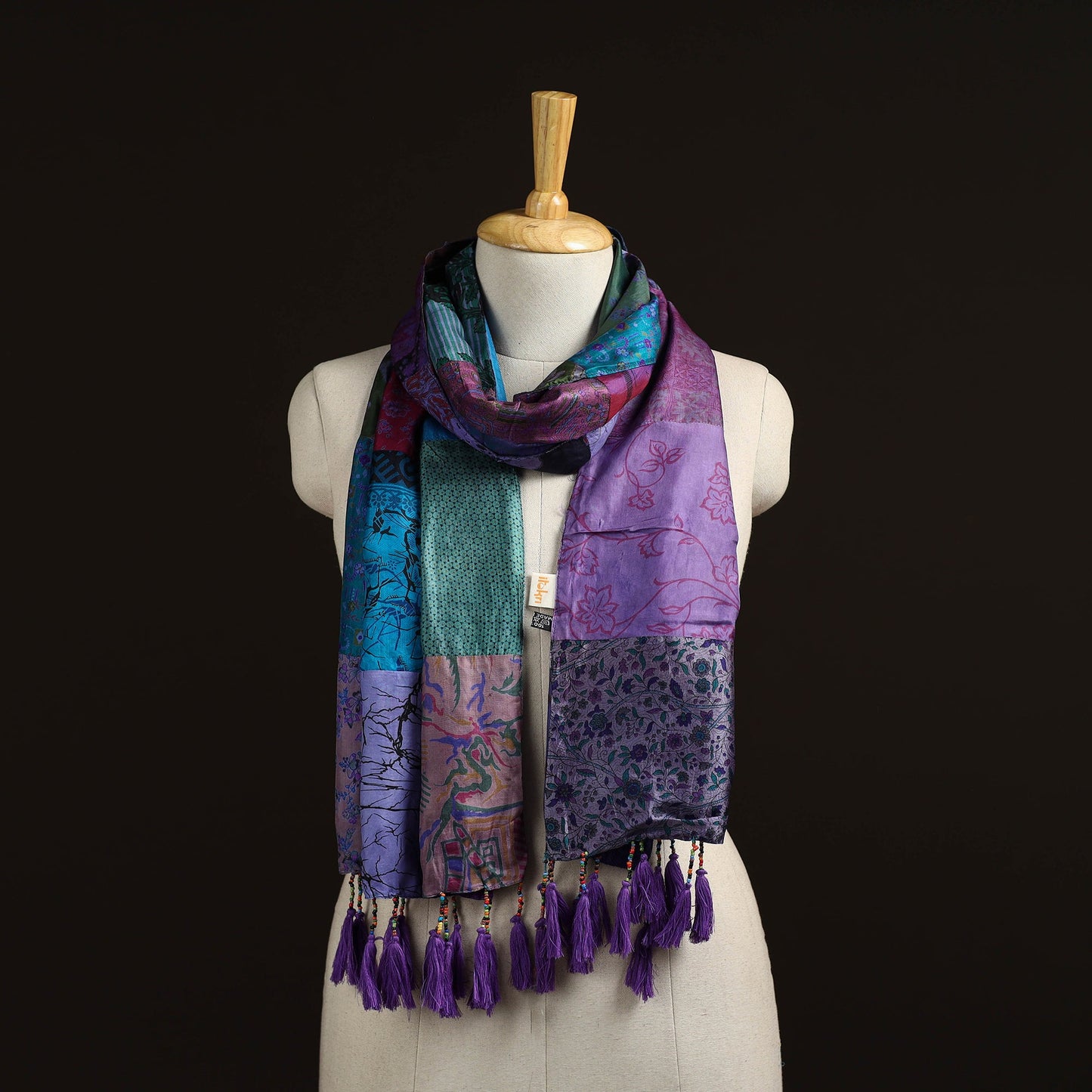 Pure silk patchwork stole with tassels 08 - handcrafted
