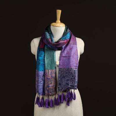 Pure silk patchwork stole with tassels 08 - handcrafted