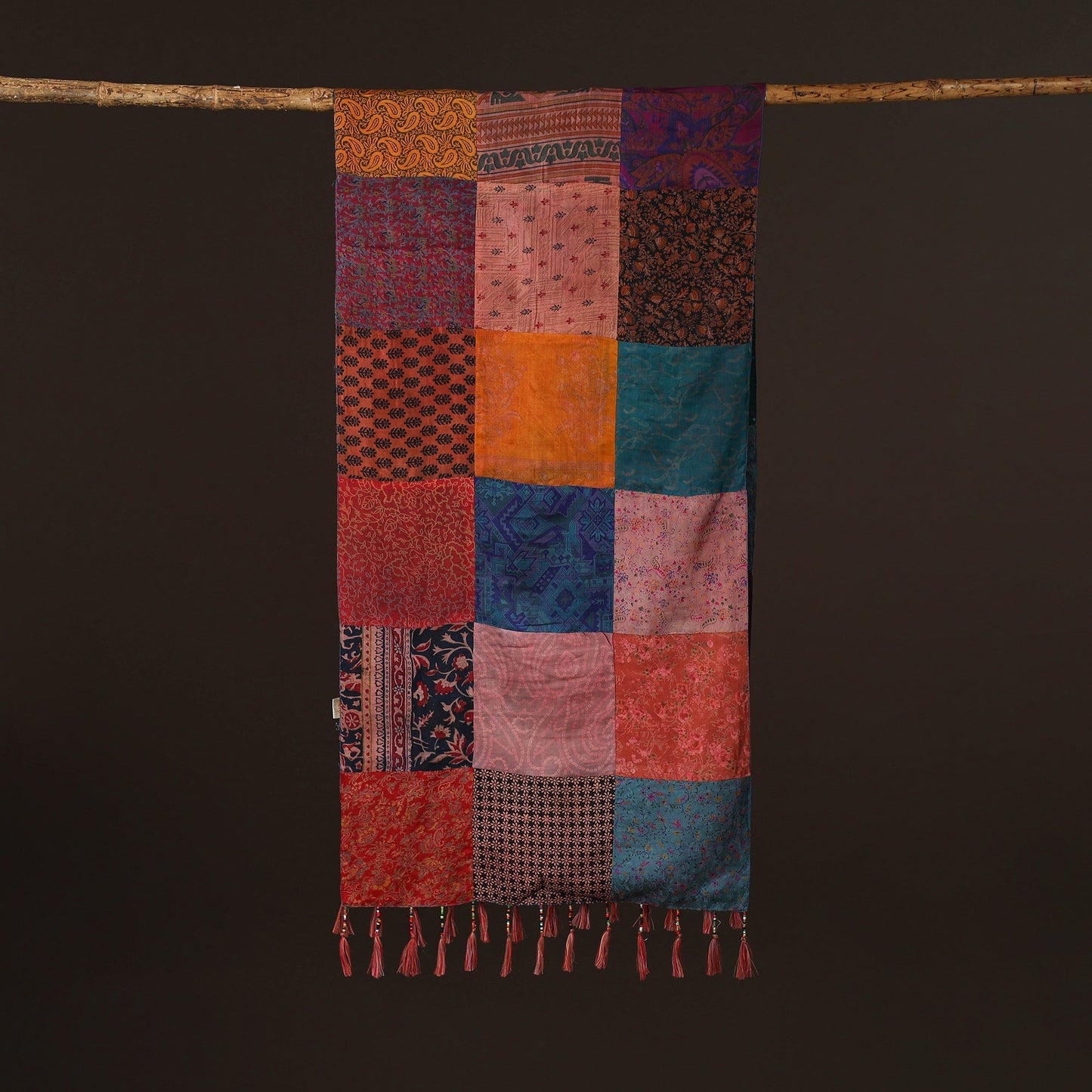 Pure silk patchwork stole with tassels 09 - handcrafted