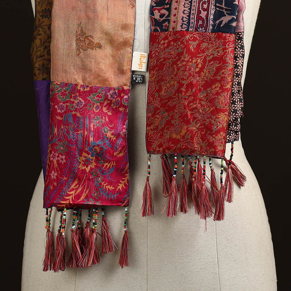Pure silk patchwork stole with tassels 09 - handcrafted