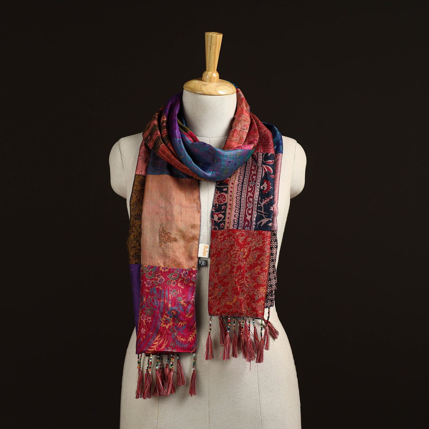 Pure silk patchwork stole with tassels 09 - handcrafted