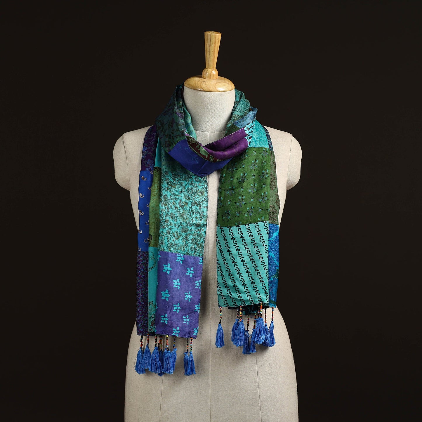 Pure silk patchwork stole with tassels 10 - handcrafted