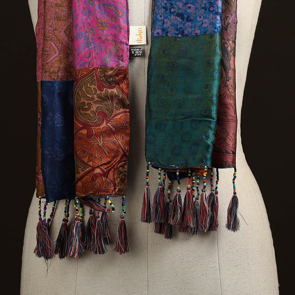 Pure silk patchwork stole with tassels 11 - handcrafted