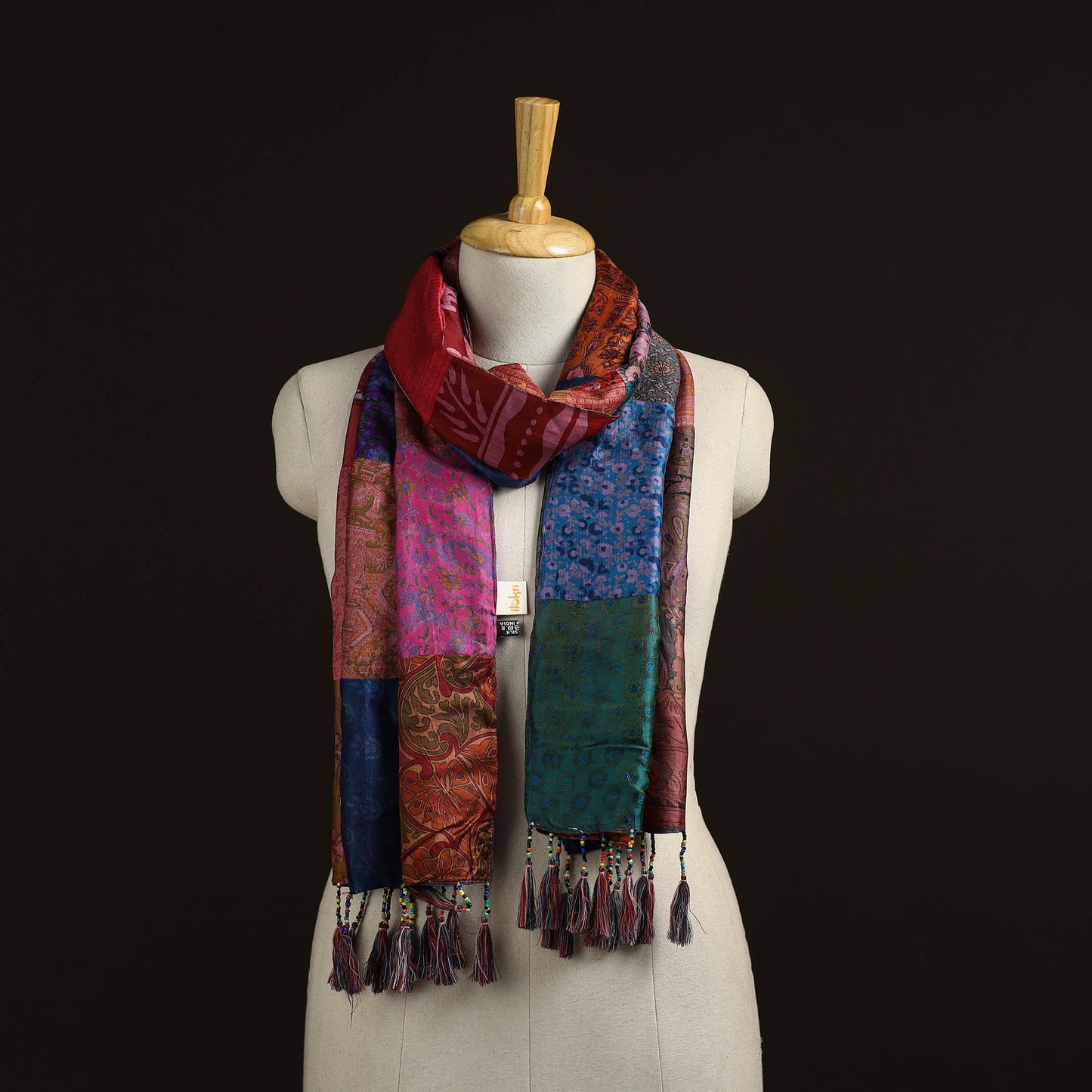 Pure silk patchwork stole with tassels 11 - handcrafted