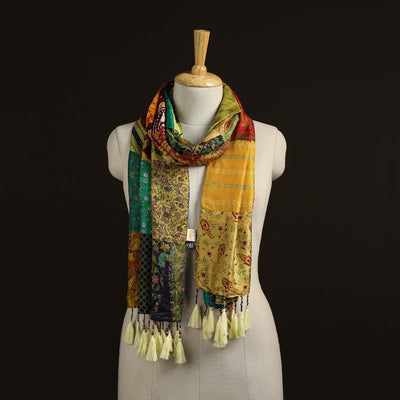 Pure silk patchwork stole with tassels 13 - handcrafted