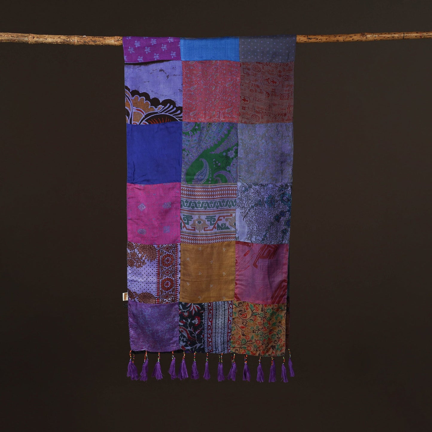 Pure silk patchwork stole with tassels 14 - handcrafted
