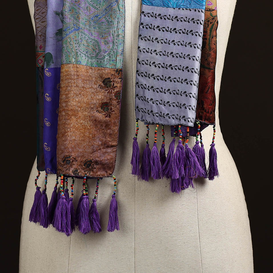 Pure silk patchwork stole with tassels 14 - handcrafted