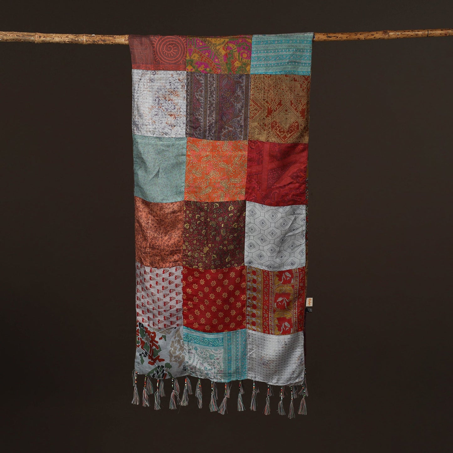 Pure silk patchwork stole with tassels 15 - handcrafted