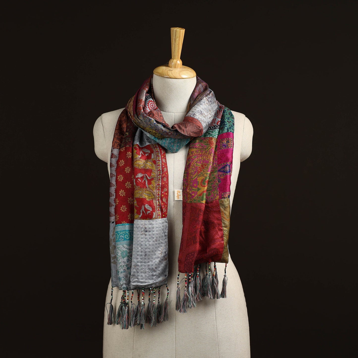 Pure silk patchwork stole with tassels 15 - handcrafted