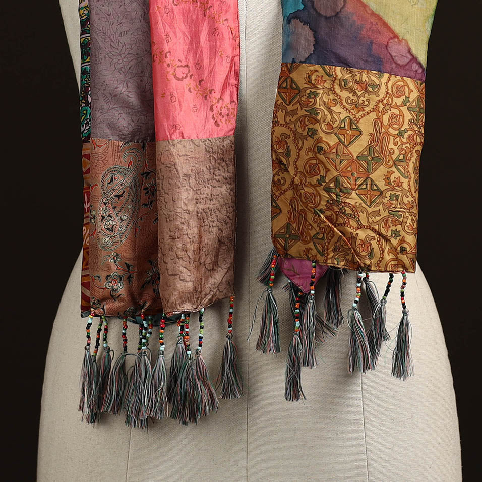 Pure silk patchwork stole with tassels 16 - handcrafted