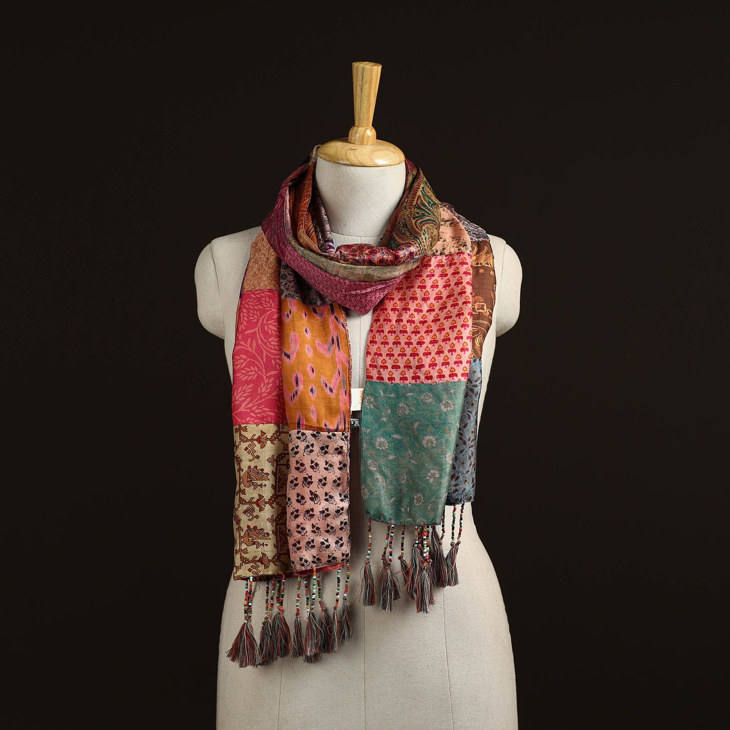 Pure silk patchwork stole with tassels 17 - handcrafted