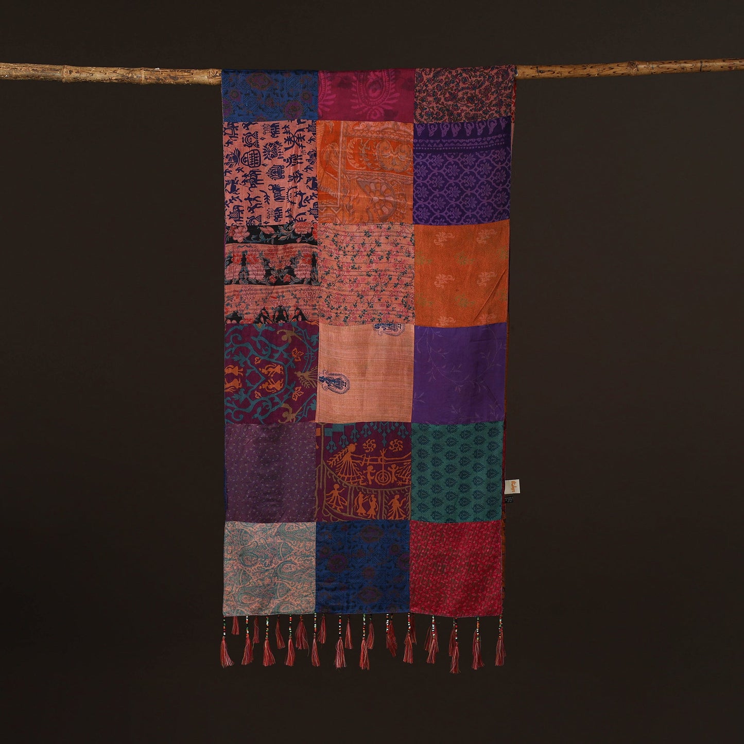 Pure silk patchwork stole with tassels 18 - handcrafted