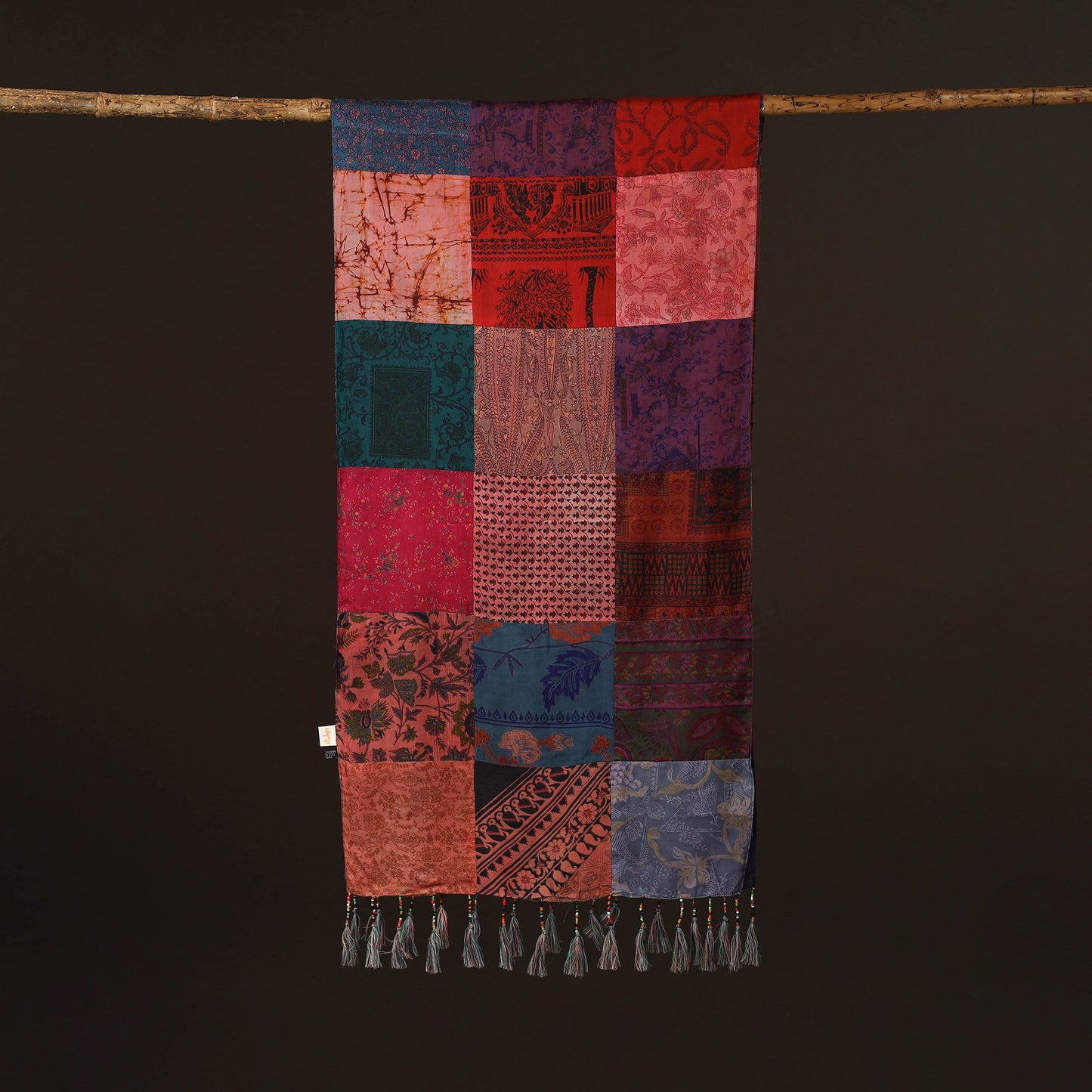 Pure silk patchwork stole with tassels 19 - handcrafted