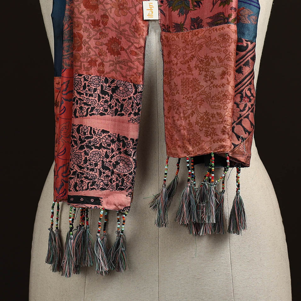 Pure silk patchwork stole with tassels 19 - handcrafted