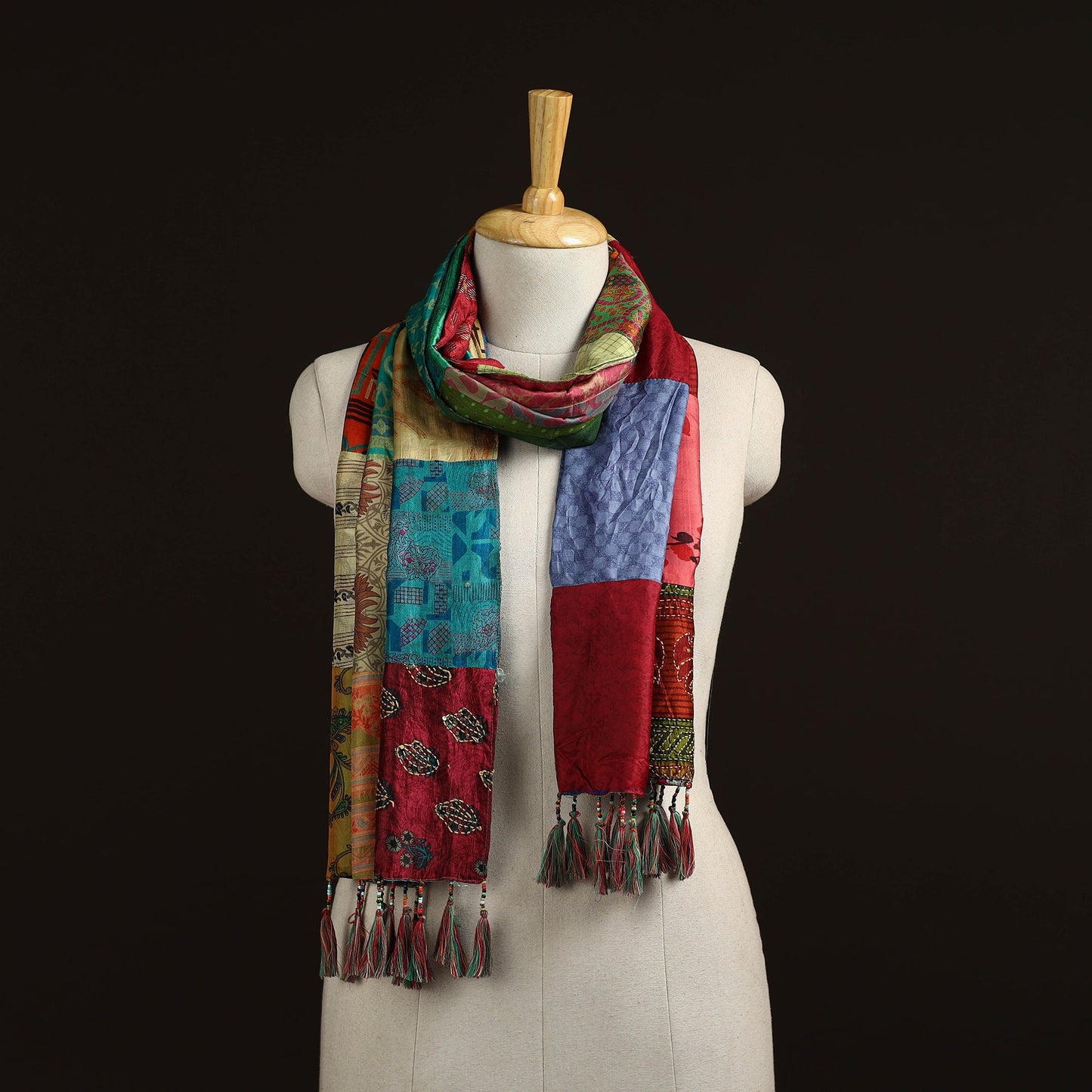 Pure silk patchwork stole with tassels 22 - handcrafted