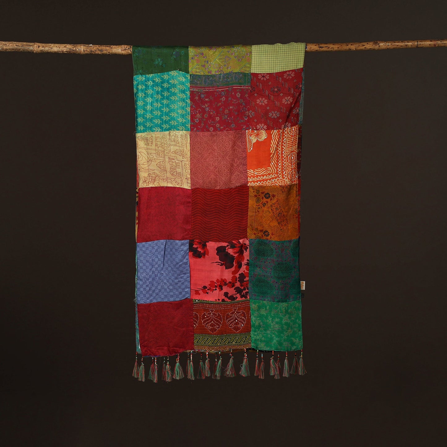 Pure silk patchwork stole with tassels 22 - handcrafted