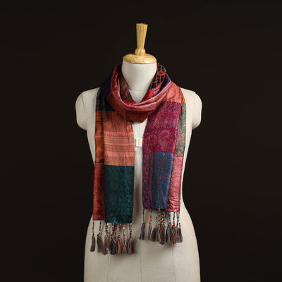 Pure silk patchwork stole with tassels 23 - handcrafted