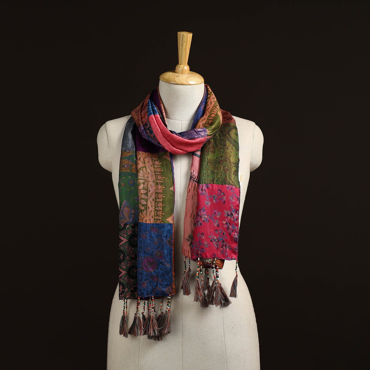 Pure silk patchwork stole with tassels 24 - handcrafted