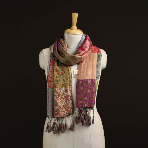 Pure silk patchwork stole with tassels 25 - handcrafted