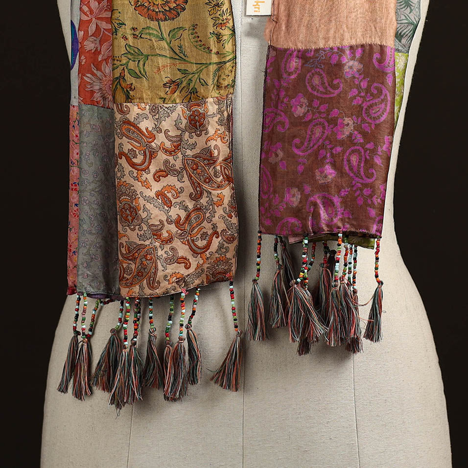 Pure silk patchwork stole with tassels 25 - handcrafted