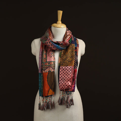 Pure silk patchwork stole with tassels 26 - handcrafted