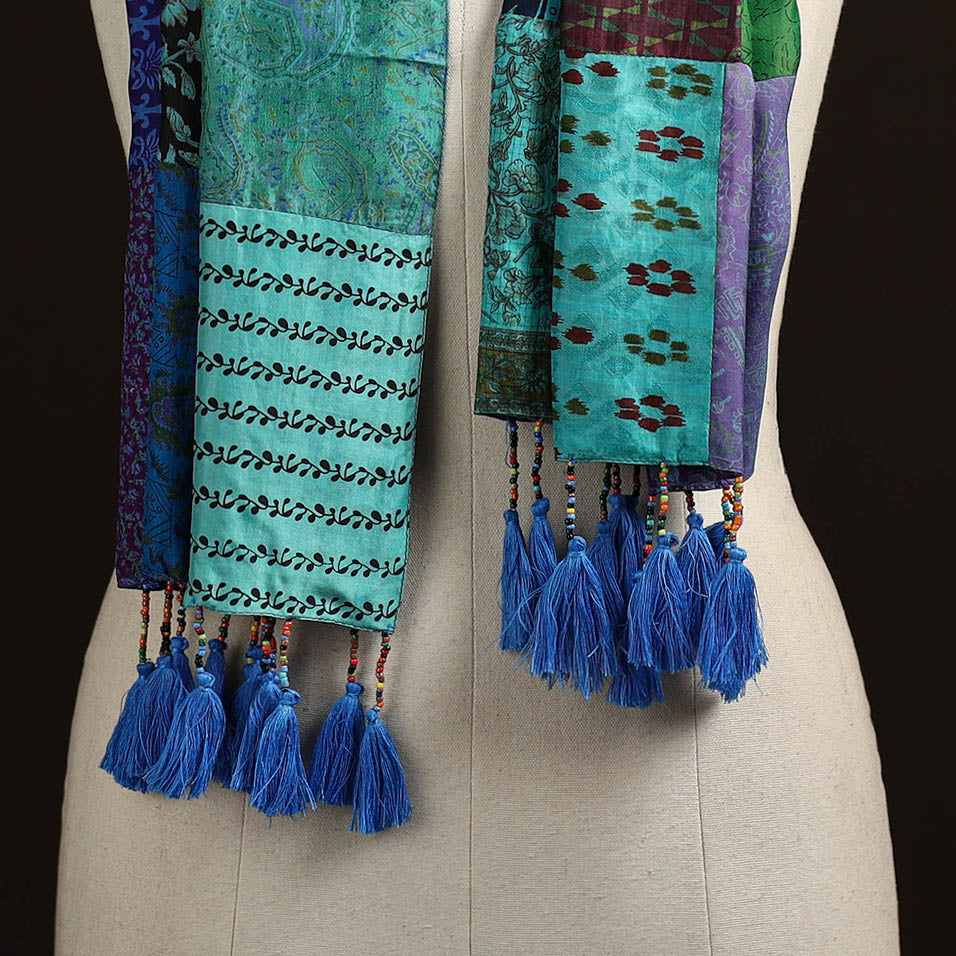 Pure silk patchwork stole with tassels 28 - handcrafted