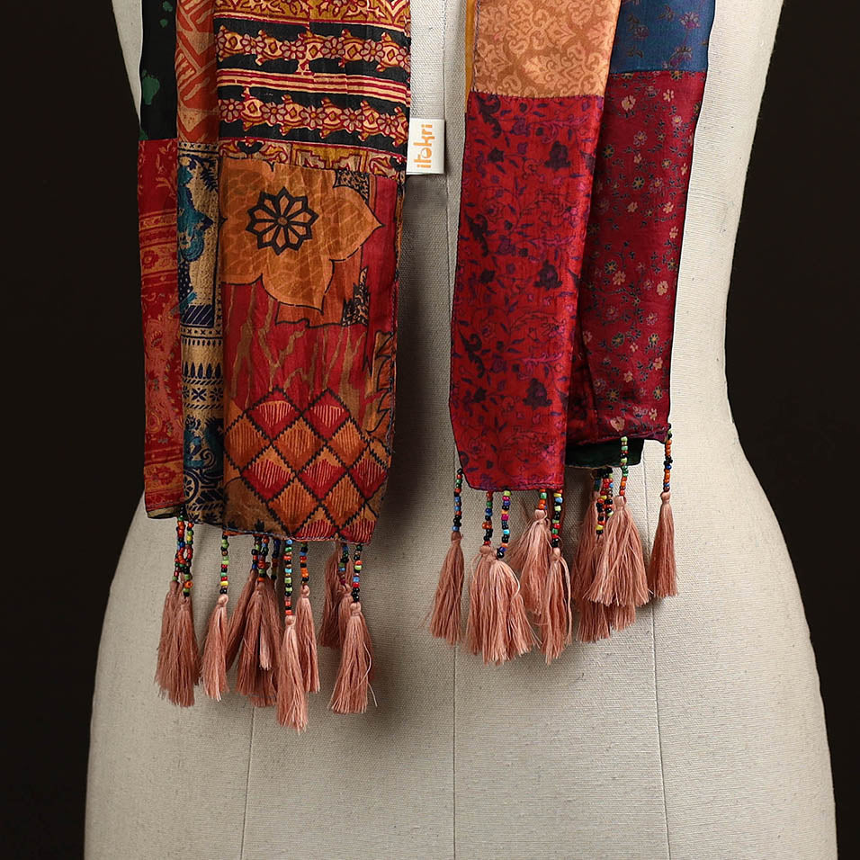 Pure silk patchwork stole with tassels 29 - handcrafted