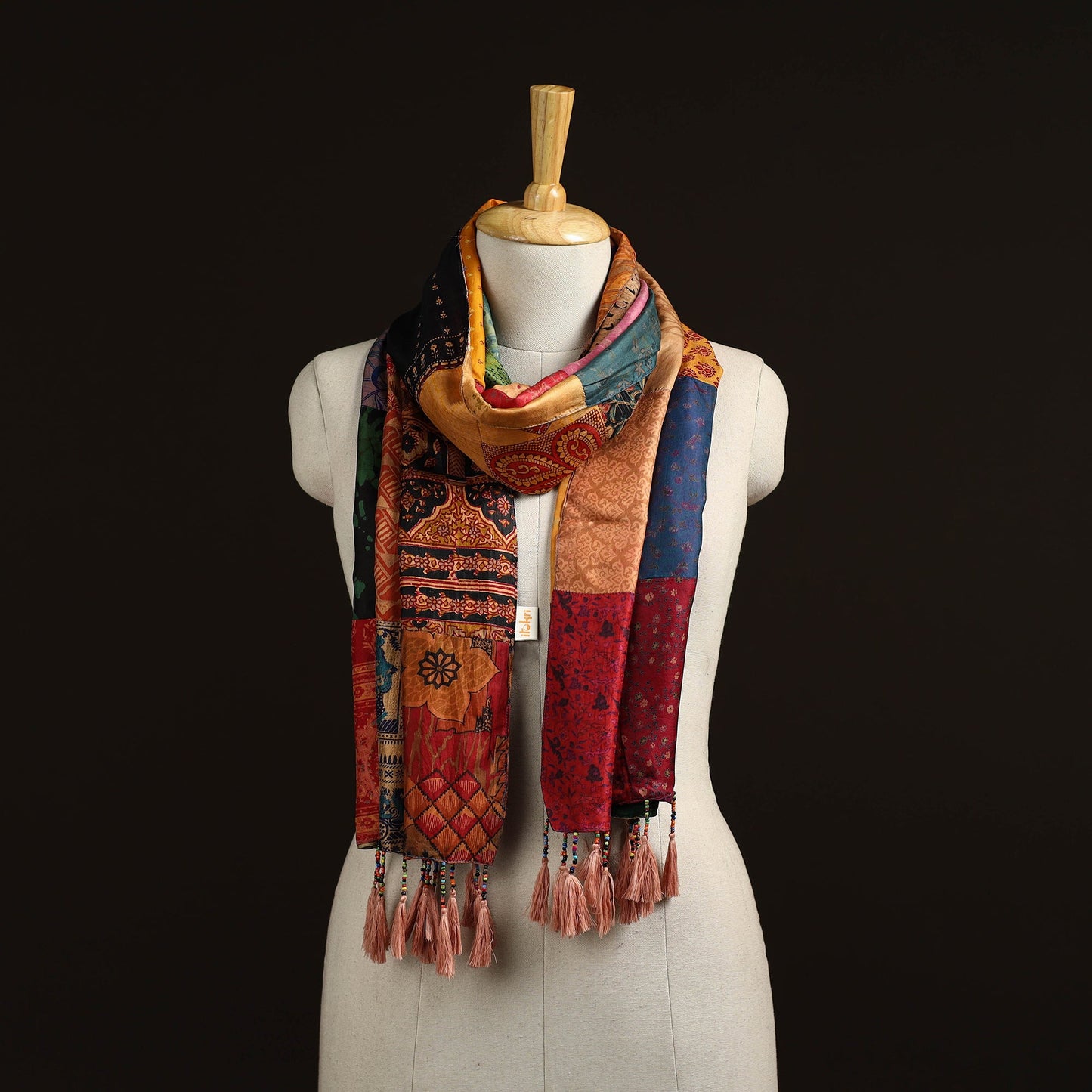 Pure silk patchwork stole with tassels 29 - handcrafted