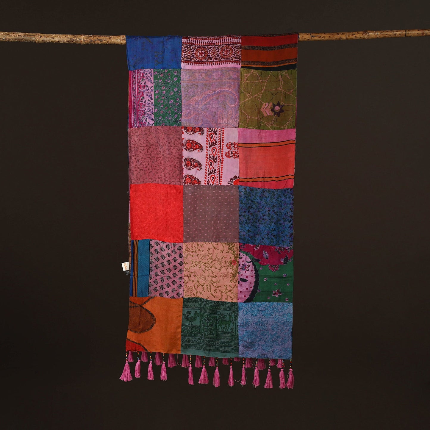 Pure silk patchwork stole with tassels 31 - handcrafted