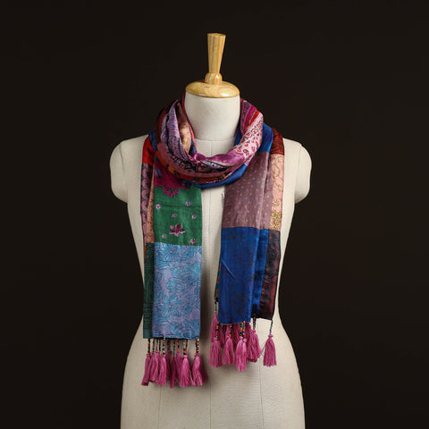 Pure silk patchwork stole with tassels 31 - handcrafted