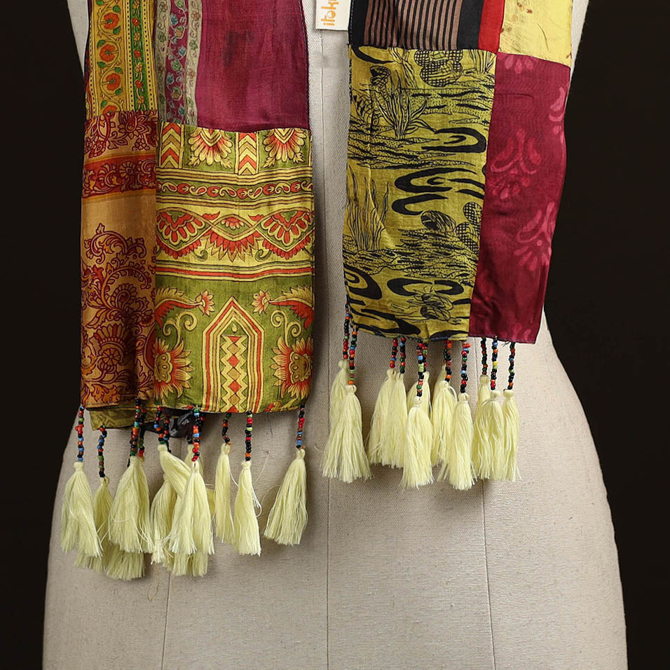 Pure silk patchwork stole with tassels 33 - handcrafted