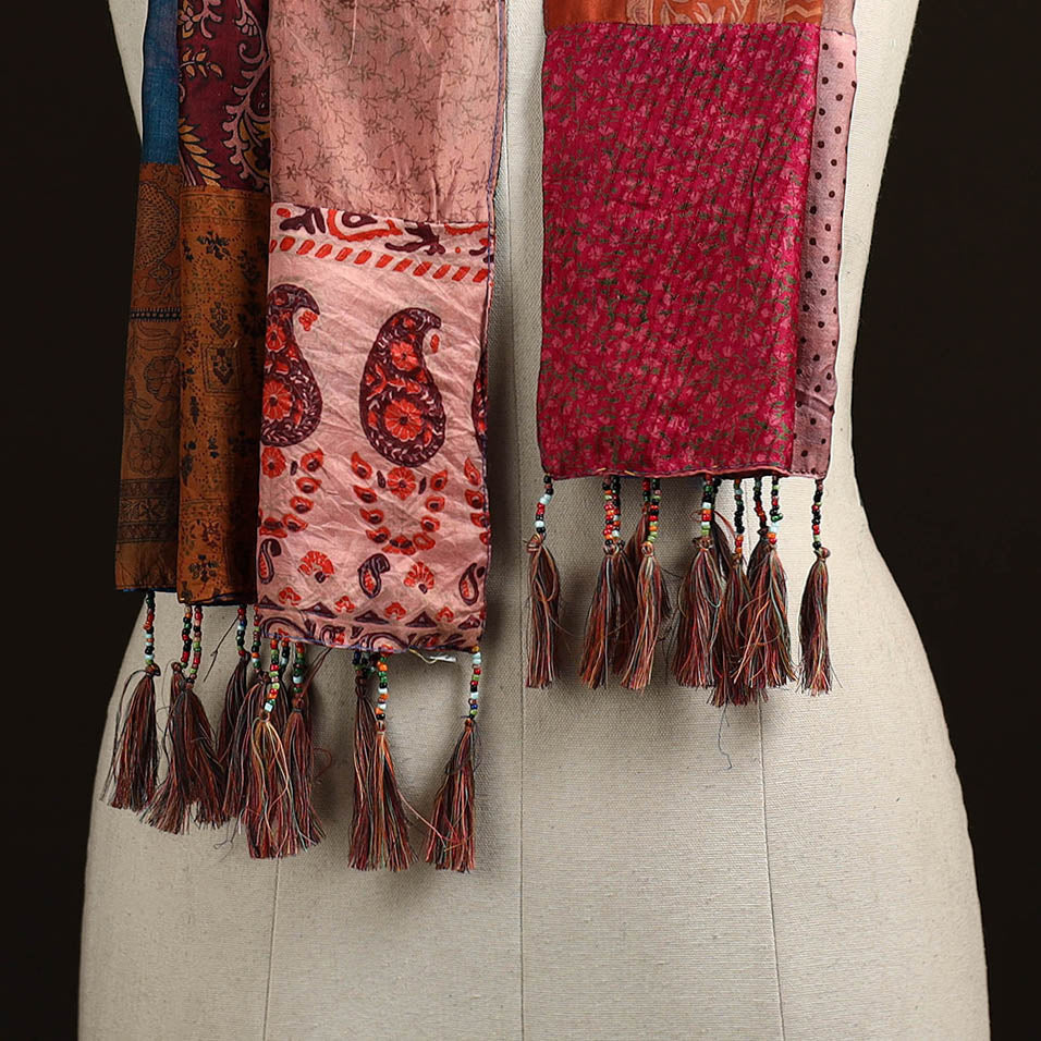 Pure silk patchwork stole with tassels 34 - handcrafted