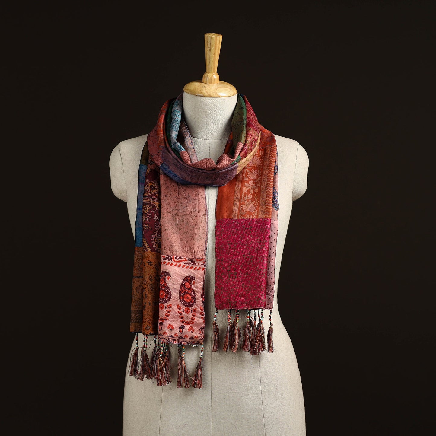 Pure silk patchwork stole with tassels 34 - handcrafted