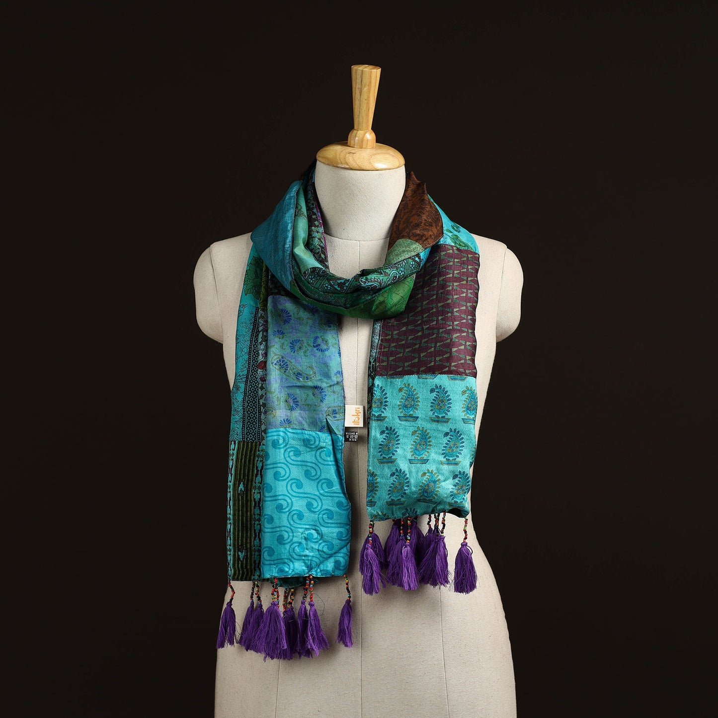 Pure silk patchwork stole with tassels 35 - handcrafted