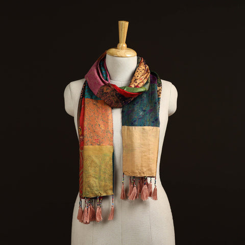 Pure silk patchwork stole with tassels 36 - handcrafted
