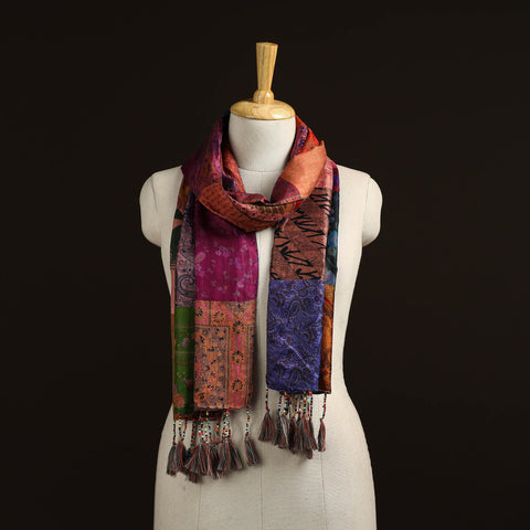Pure silk patchwork stole with tassels 37 - handcrafted