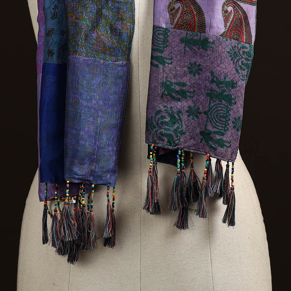 Pure silk patchwork stole with tassels 38 - handcrafted