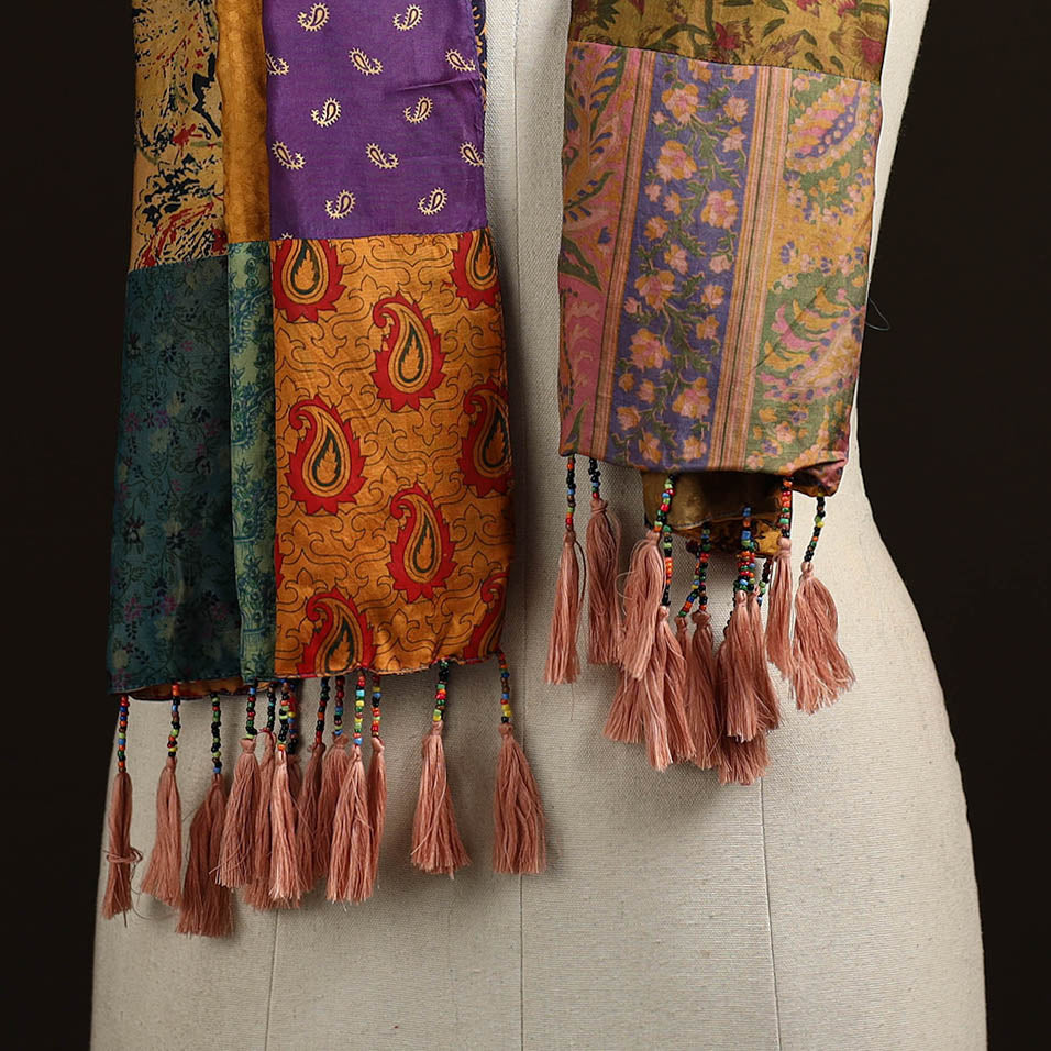 Pure silk patchwork stole with tassels 41 - handcrafted